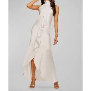 $645 Ramy Brook Womens Tera Satin Halter Gown Size 2 High Low High Neck New